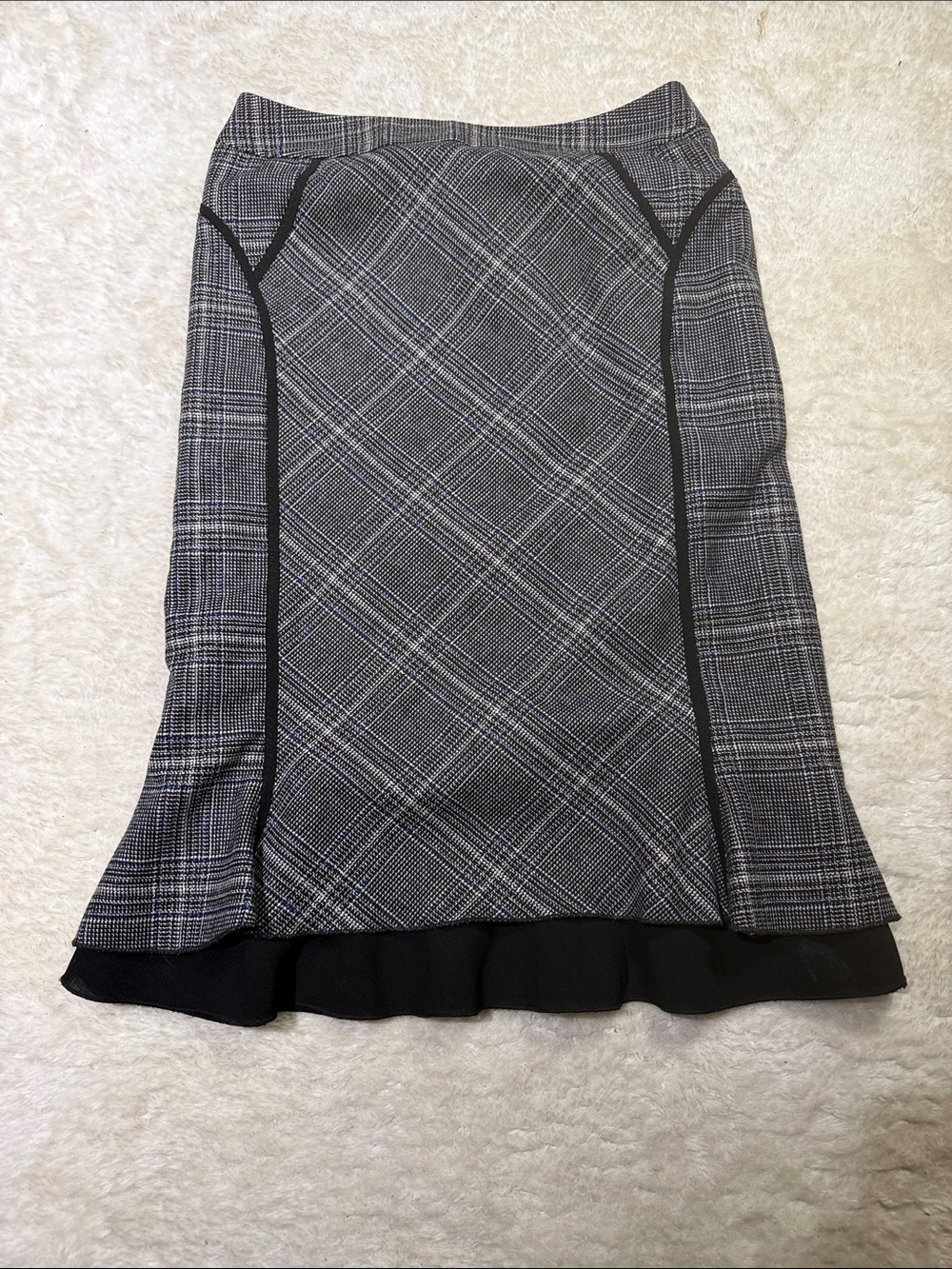 Black & Gray Plaid Midi Skirt with Contrast Trim